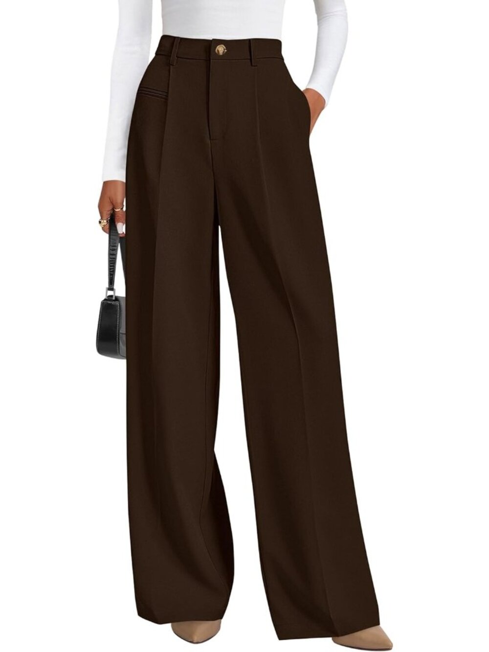 Women's Dark Brown Business Casual Flowy Work High Waisted Wide Leg Dress Pants